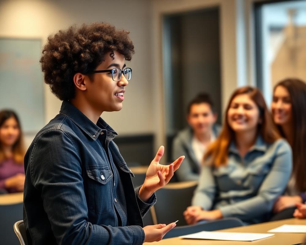 Student giving a speaking presentation in class